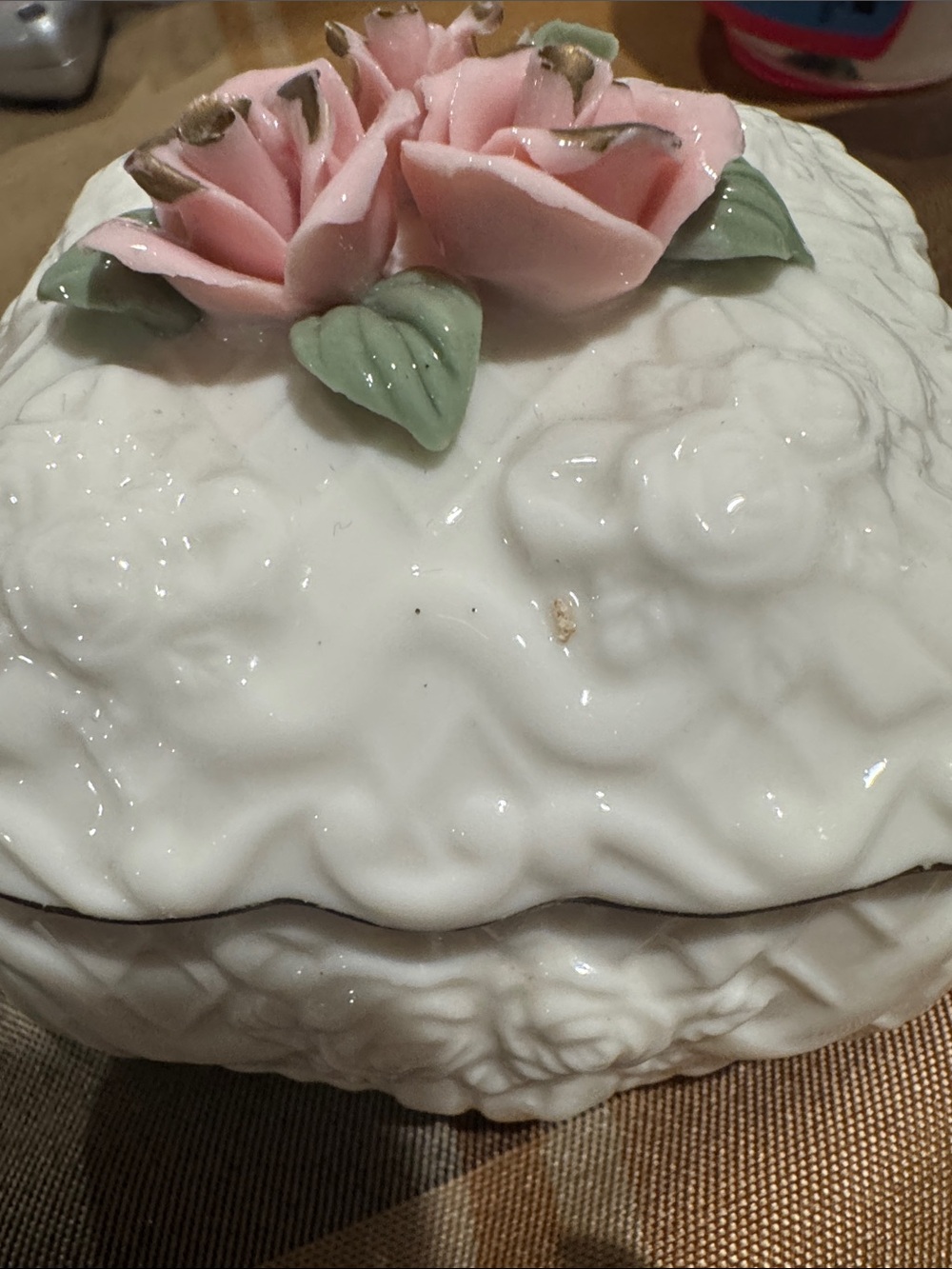 Vintage Porcelain Trinket Box with Pink Rose Detail